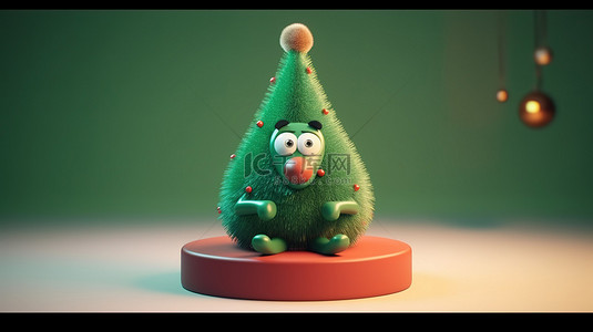 3D 快乐而滑稽的圣诞树角色栖息在圆形底座上