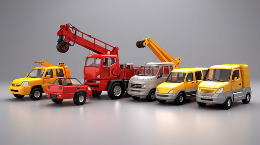 可爱的儿童玩具车变身为 3D 插图敞篷车皮卡车起重机消防车和自卸车