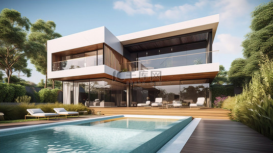 高档现代别墅，带游泳池和花园，以令人惊叹的 3D 渲染描绘