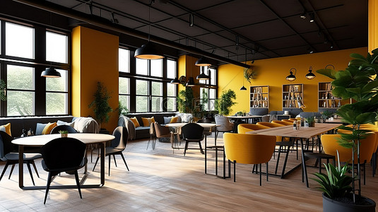 餐厅或咖啡厅用餐空间的 3D 渲染
