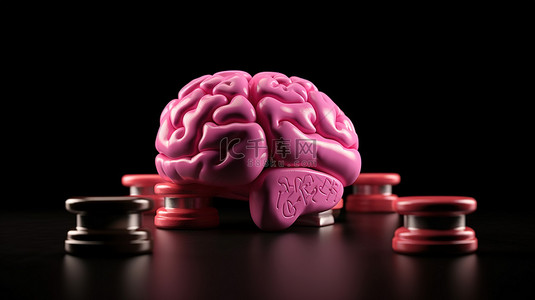 粉红色的大脑和哑铃 3D 渲染探索心理发展