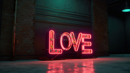 水泥墙上的复古霓虹灯爱情标志情人节问候设计和横幅的 3D 插图