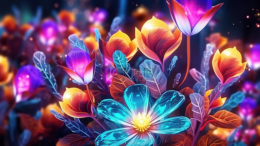 发光植物抽象花卉装饰元素和 3D 背景设计