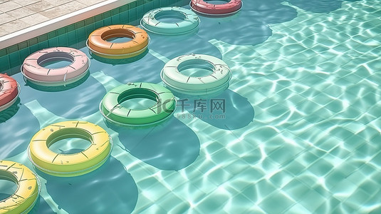 带游泳圈的游泳池的顶视图 3d 渲染
