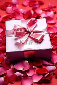 玫瑰礼盒背景图片_红玫瑰花瓣上隔离的粉色和红色礼盒