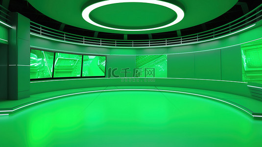 具有绿屏背景的 3D 虚拟新闻编辑室，呈现真实感