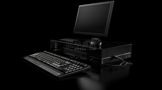 时尚的黑色计算机无缝融入深色背景 3D 渲染