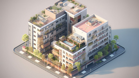 景观顶视图背景图片_在等距视图中说明住宅建筑的 3d 效果图