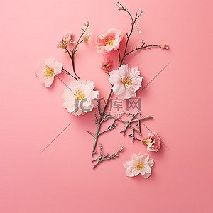 中国书法与粉红色纹理背景上的花朵