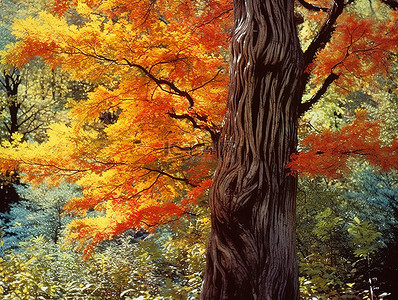 秋天森林里的一棵树，叶子五颜六色