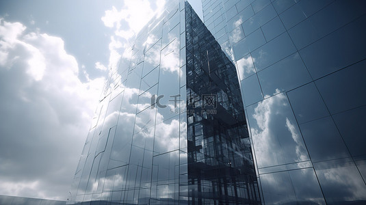 3D 渲染中的玻璃摩天大楼未来派建筑与云反射