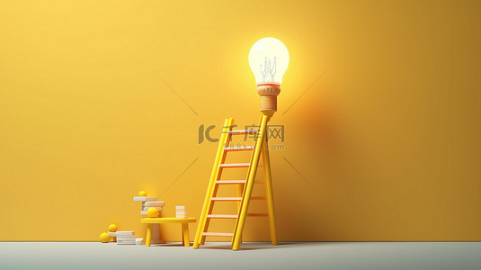 思考图背景图片_用 3D 渲染图描绘的创新理念，其中黄色灯泡高高站立，背景中有梯子