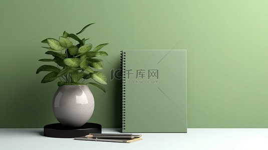 客厅或办公室桌子上的现代装饰笔记本模型，配有绿墙 3D 渲染