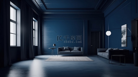 简单的 3d 家居室内渲染，没有家具，采用简约而舒适的深蓝色设计