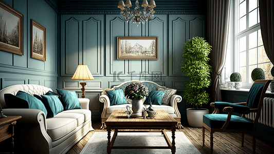 客厅浅蓝色墙身欧式沙发吊顶灯