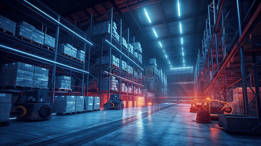 科技自动化背景图片_夜间无人机操作的自动化仓库内部的 3D 渲染