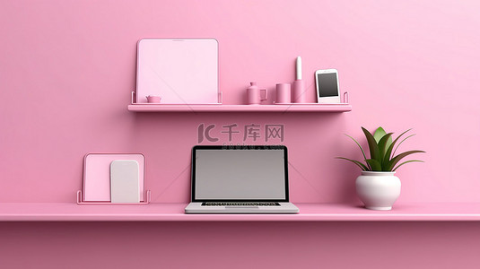 粉红色墙架横幅背景上数字设备笔记本电脑手机和平板电脑的 3D 插图
