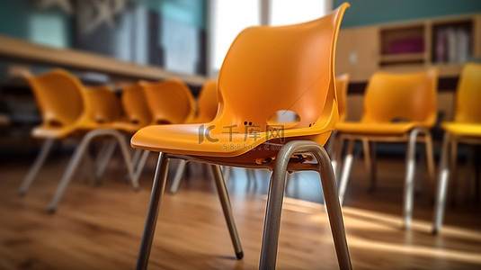 模糊的教室背景，3D 渲染的学校椅子从后面特写，象征着教育和重返学校