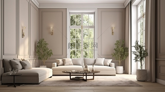 现代客厅样机 3D 渲染和室内场景插图，配有白色米色和棕色色调的大沙发