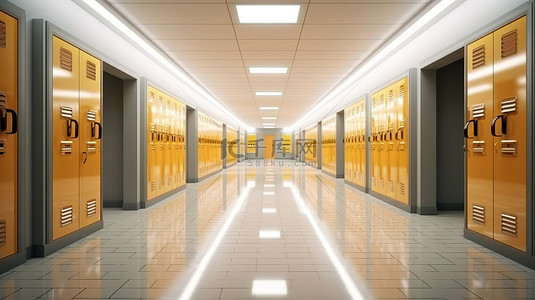 背景地板背景图片_明亮的学校走廊的 3D 插图，有通往教室储物柜的门光滑的地板和发光灯