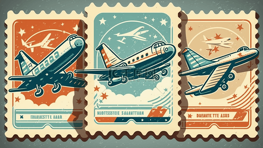旅游飞机邮票插画背景