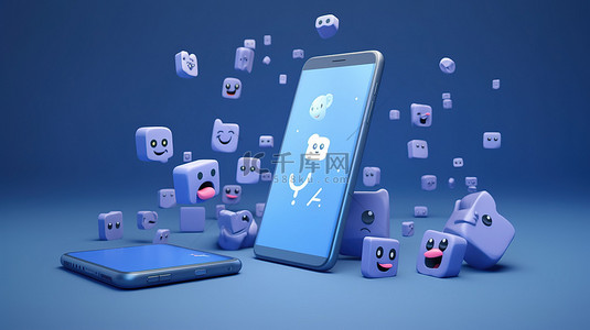网页蓝背景图片_带有 facebook 徽标和表情符号反应的 3d 渲染以及智能手机的蓝屏