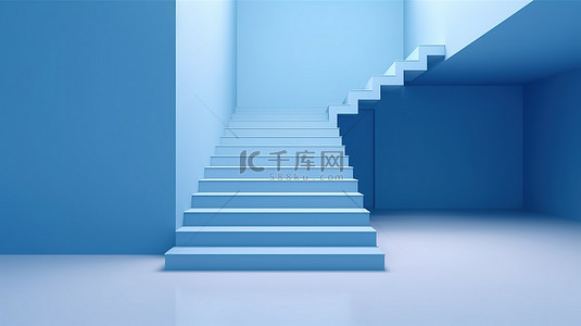 舞台階梯背景图片_极简主义建筑蓝色抽象房间，配有 3D 渲染楼梯向上上升