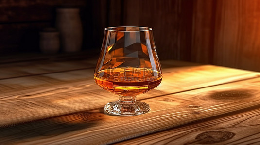 威士忌酒标背景图片_高架干邑白兰地显示在质朴的木桌背景 3D 渲染乡村风格