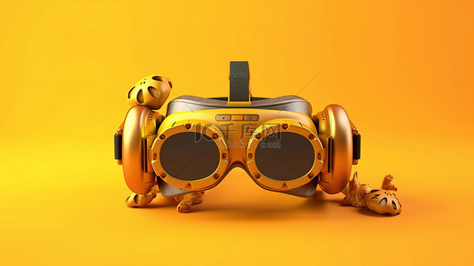 虚拟万圣节庆祝活动 VR 护目镜和配件设置在黄色背景 3D 渲染上