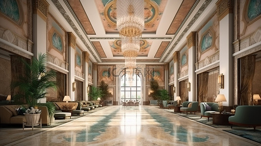 经典风格酒店大堂豪华装饰艺术家具和马赛克瓷砖大厅的 3D 渲染
