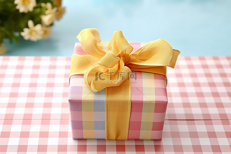 一个长方形的盒子，上面覆盖着黄色和粉色的格子丝带