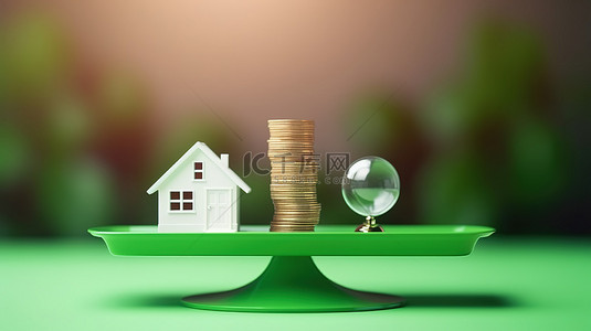 在带有绿色球的秤上找到微型房子和美元符号的平衡意味着事业和家庭之间的选择