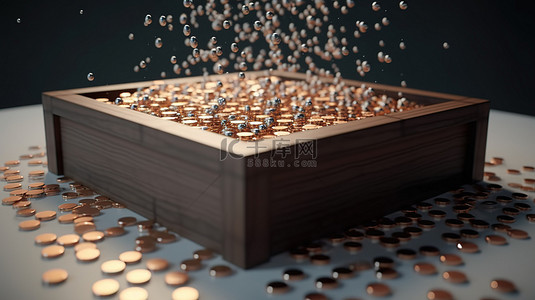 从盒子里漂浮的硬币的概念 3d 渲染，象征着预算支出和省钱
