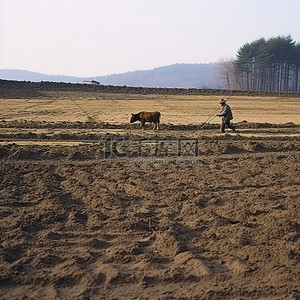 地里的西瓜背景图片_一个人在泥地里干活，而一只动物在耕地
