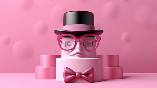 粉红色帽子背景图片_时尚的软呢帽，有眼镜胡子和领结，在充满活力的粉红色讲台上，令人惊叹的 3D 插图