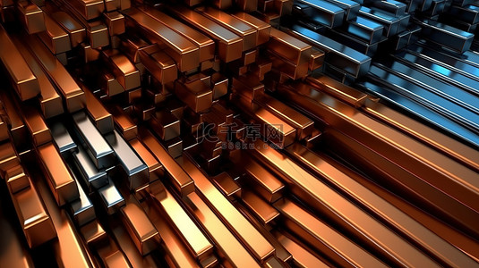 各种形状和尺寸的各种铁和铜金属型材的 3D 渲染