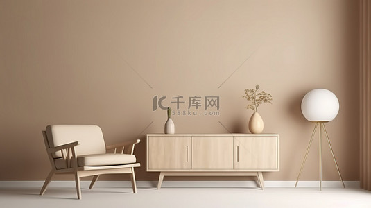 高端白色背景图片_高端室内空间的 3D 可视化，配有浅色木质餐具柜和米色皮革扶手椅