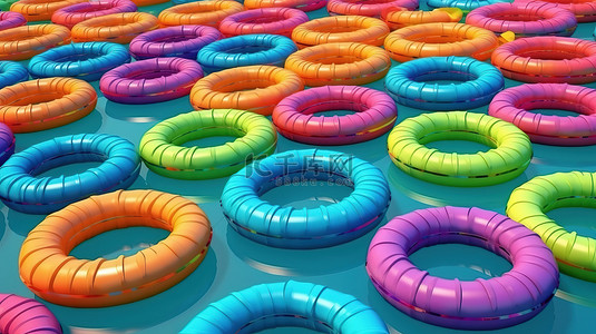 泳池的顶视图背景图片_彩色泳池漂浮在水晶般清澈的海水中 3D 渲染