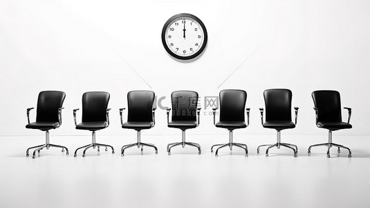 带秒表和黑色办公椅的白色背景的 3D 渲染
