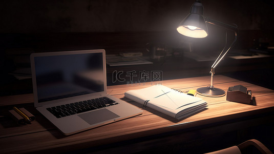 纸桌面背景图片_办公必需品一张桌子的 3d 渲染，带有笔记本电脑灯纸和电话