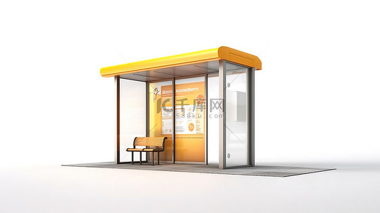 白色背景下公交车站 3D 渲染中显示的芳香广告