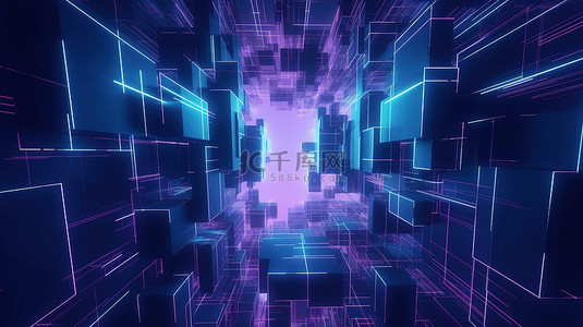 赛博朋克广告技术抽象几何背景在 3d 呈现的紫色和蓝色