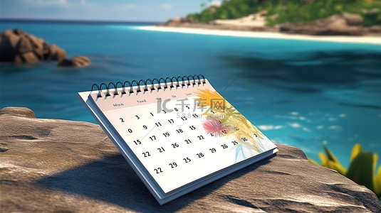 暑假促销背景图片_关闭海滨空白日历的 3D 渲染