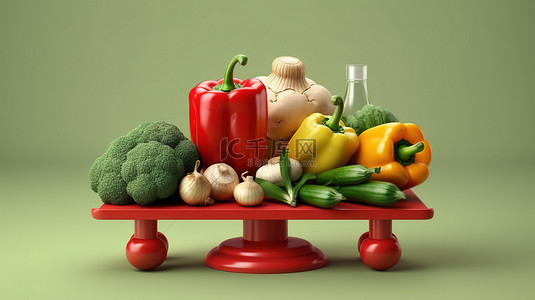 将健身和营养放在秤上哑铃和新鲜蔬菜的 3D 渲染
