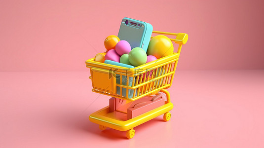 带有购物车袋和篮子的手机 3D 渲染，用于在线购物概念