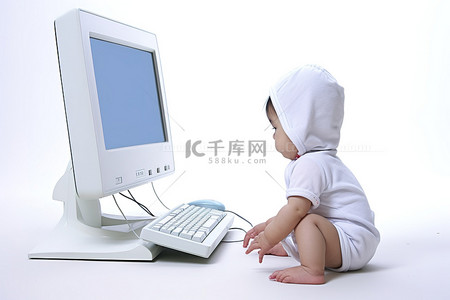好奇宝宝背景图片_宝宝坐在电脑屏幕上