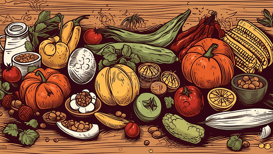 卡通玉米丰收插画背景图片_食物南瓜玉米西红柿背景