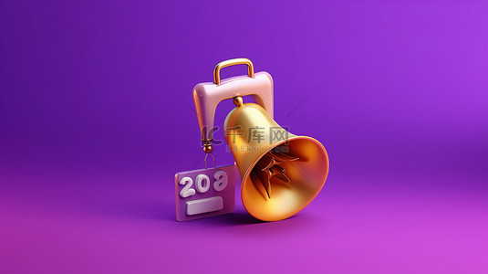 提醒通知的 3D 插图，带有响铃日历和紫色背景的新注释，用于活动规划