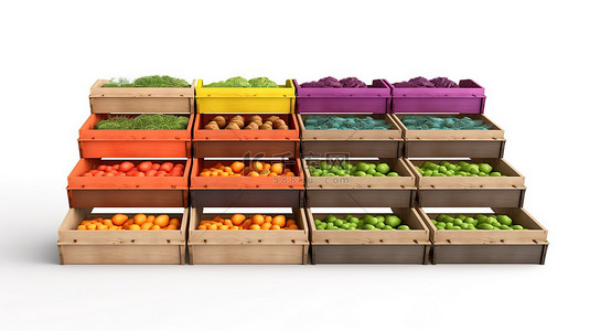 食品展示背景背景图片_彩色空置木蔬菜架，白色背景上带有板条箱 3D 渲染