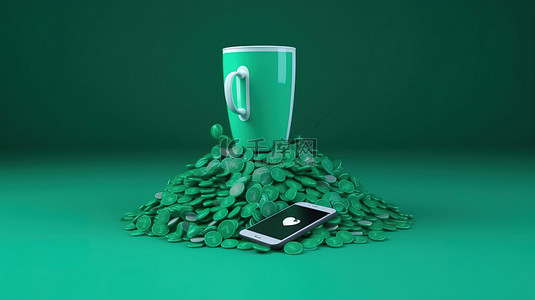 手机绿色背景背景图片_绿色杯子背景与智能手机从光滑的 whatsapp 药丸中出现